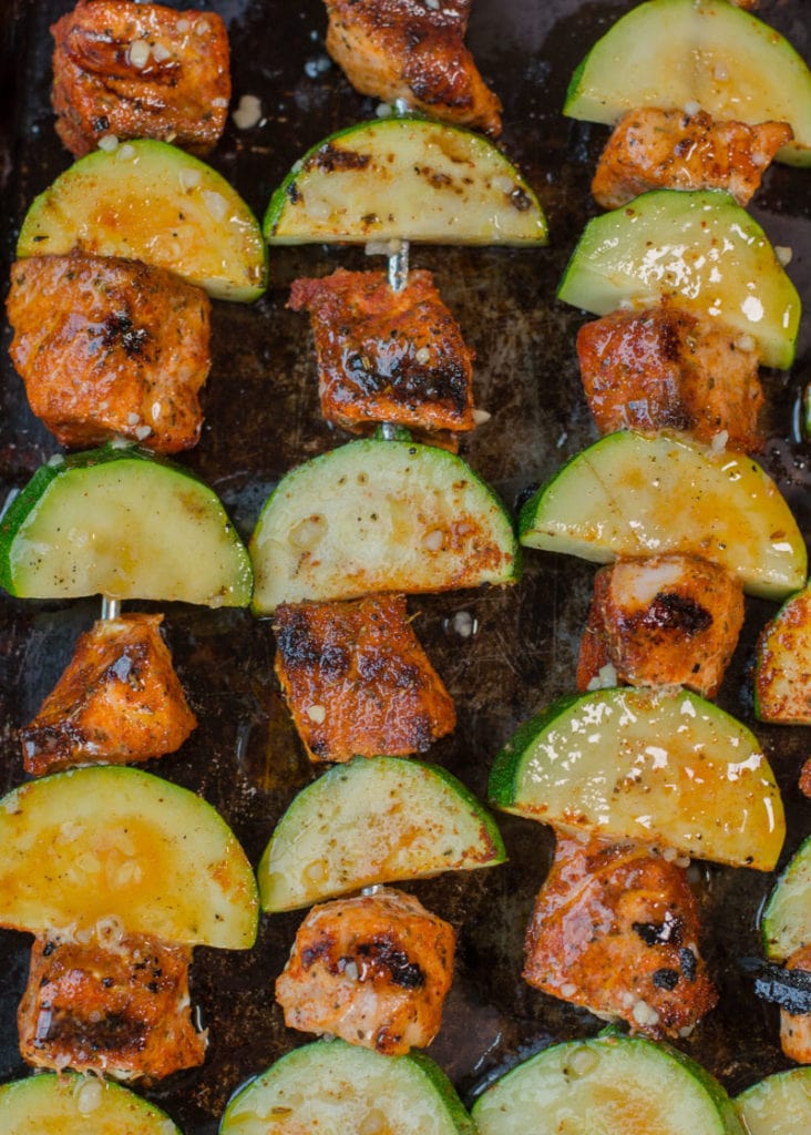 These Blackened Salmon and Zucchini Skewers are keto, low carb and gluten free! These summer kabobs are perfect on their own or on top of a big salad!
