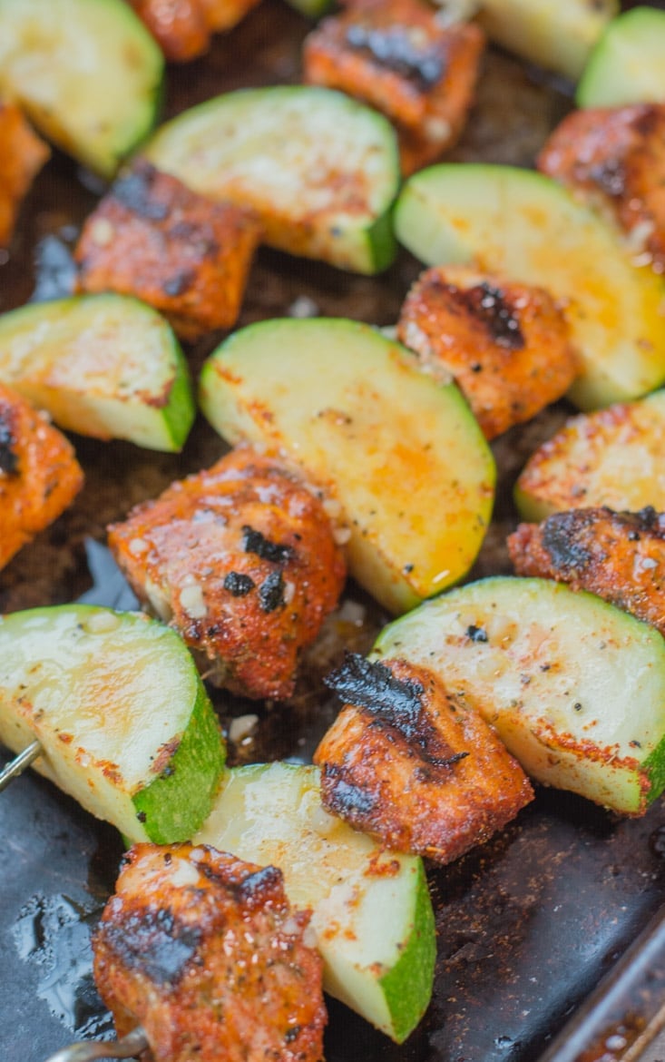 These Blackened Salmon and Zucchini Skewers are keto, low carb and gluten free! These summer kabobs are perfect on their own or on top of a big salad! #keto