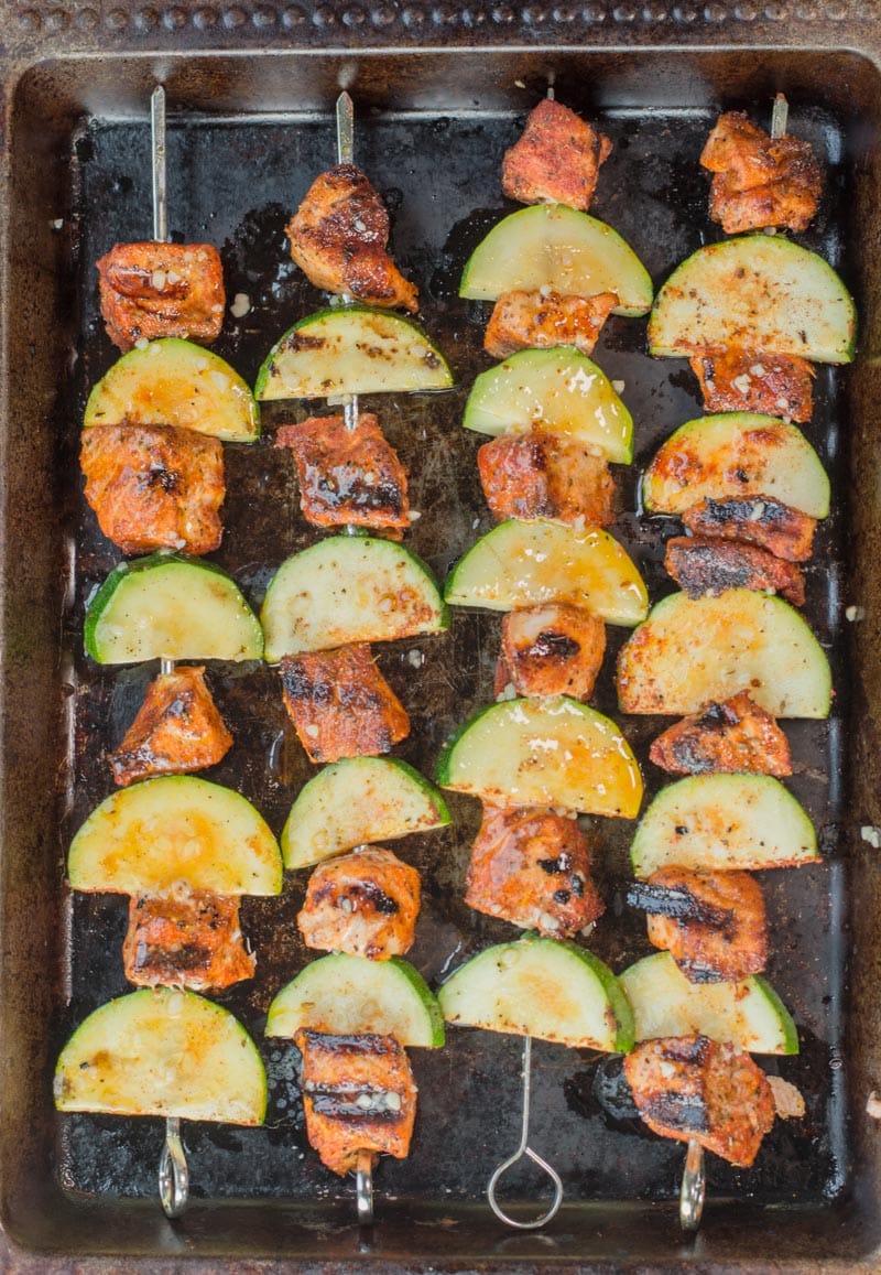 These Blackened Salmon and Zucchini Skewers are keto, low carb and gluten free! These summer kabobs are perfect on their own or on top of a big salad! #keto