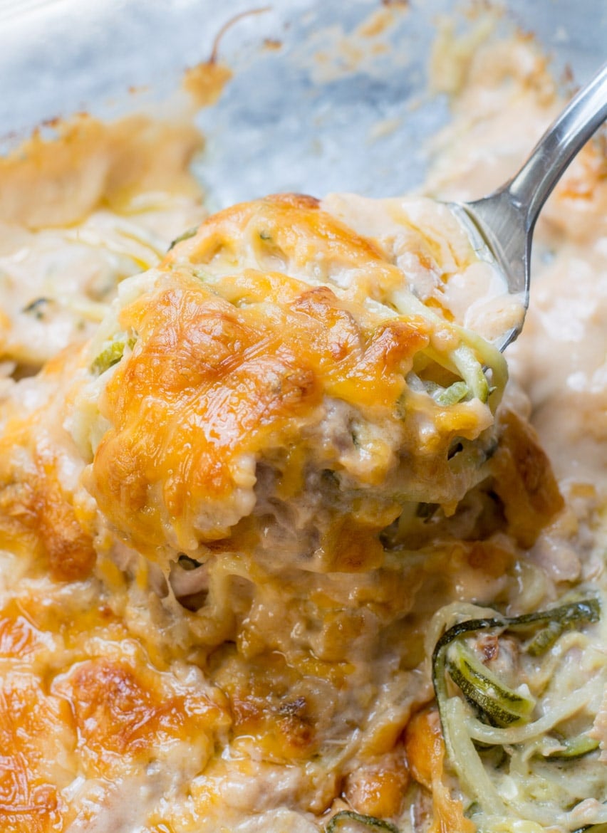 You will love this Keto Tuna Zoodle Casserole packed with zucchini noodles, a creamy cheese sauce and chunks of tuna. This low carb comfort food is under 6 net carbs and will become your new favorite! #keto