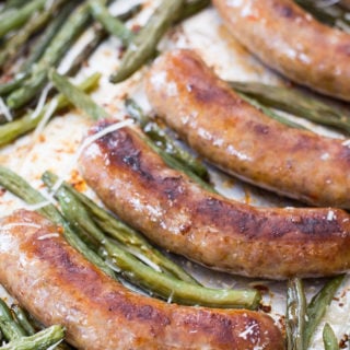 This Sausage and Green Bean Sheet Pan Dinner is ready in 30 minutes, requires no prep and is less than 6 net carbs per serving! This will be your new favorite easy keto dinner recipe!