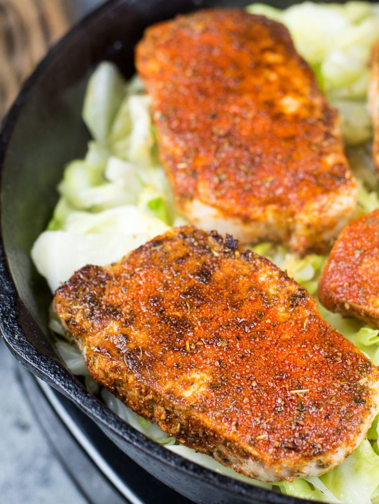 This recipe for Cajun Pork Chops and Cabbage is the easiest one-pan, 30-minute meal! At just 3.7 net carbs, this is a low-carb, keto-approved dinner you will love!