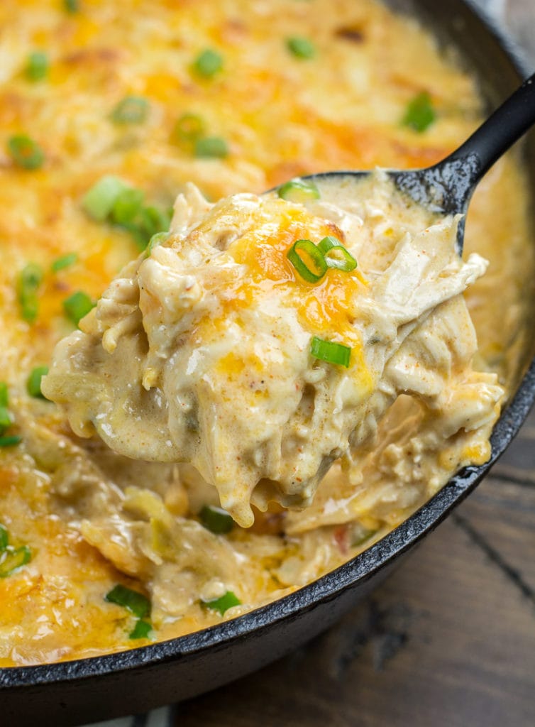 This easy One Pan Keto Green Chili Chicken is the ultimate cheesy low carb casserole! At under 4 net carbs per serving this will be a weekly staple on your keto diet! #keto