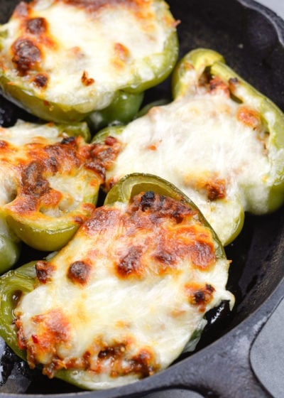 These easy Keto Pizza Stuffed Peppers have less than 5 net carbs per serving and are loaded with pizza flavor!