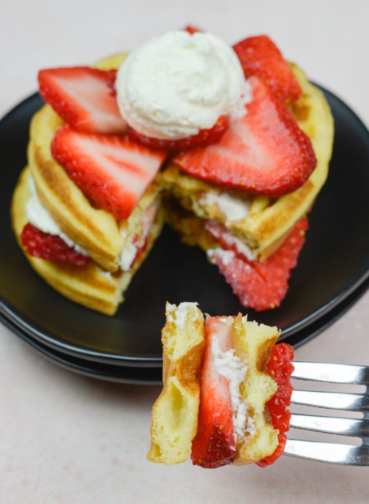 Enjoy a plateful of these Keto Strawberry Shortcake Waffles for about 5 net carbs each! This is the perfect low carb breakfast!