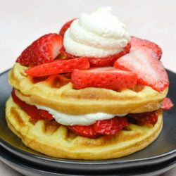 Enjoy a plateful of these Keto Strawberry Shortcake Waffles for about 5 net carbs each! This is the perfect low carb breakfast!