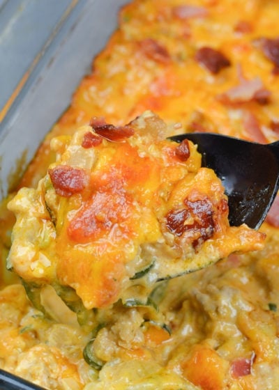 This Keto Cheeseburger Zoodle Casserole is packed with ground beef, crispy bacon, a delicious cheesy sauce and tender zoodles! This is the perfect keto casserole recipe!