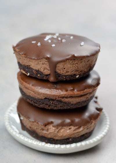 These incredible Salted Dark Chocolate Cheesecakes have three rich chocolate layers that make the perfect keto dessert!