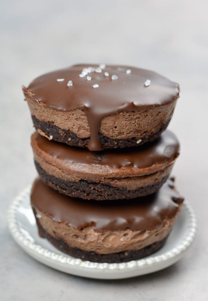 These incredible Salted Dark Chocolate Cheesecakes have three rich chocolate layers that make the perfect keto dessert!