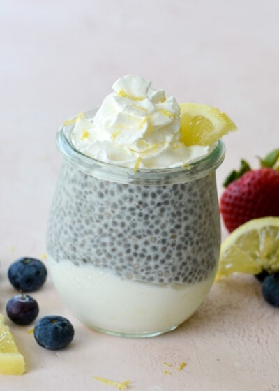 These Keto Lemon Cheesecake Parfaits feature a creamy lemon cheesecake layer topped with vanilla chia seed pudding! An easy no bake keto treat!