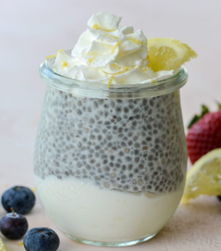 These Keto Lemon Cheesecake Parfaits feature a creamy lemon cheesecake layer topped with vanilla chia seed pudding! An easy no bake keto treat!