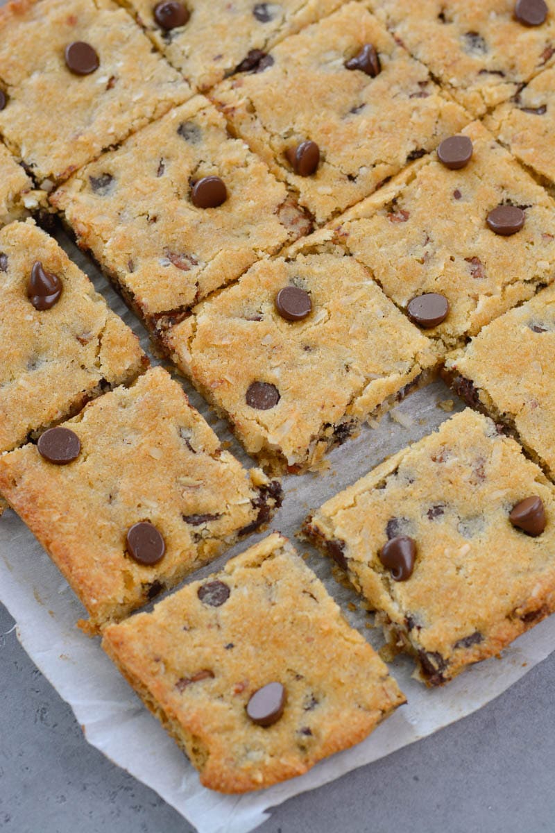 These Sheet Pan Keto Cookies have just 1.5 net carbs each and require no chilling! These low carb, gluten-free, almond flour chocolate chip cookie bars are the perfect keto treat!
