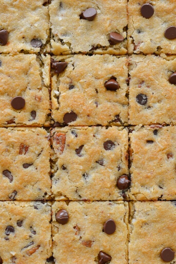 These Keto Sheet Pan Cookies have just 1.5 net carbs each and require no chilling! These low carb, gluten free, almond flour, chocolate chip cookies are the perfect keto treat!