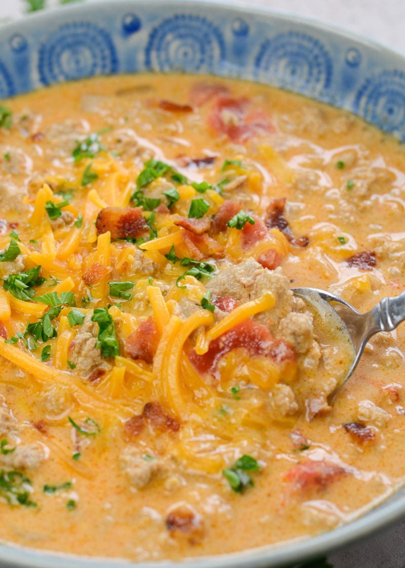 This Keto Cheeseburger Soup is a low-carb, keto-friendly soup recipe that's loaded with bacon, ground beef, cheese, and spices. Just under 6 net carbs per serving!