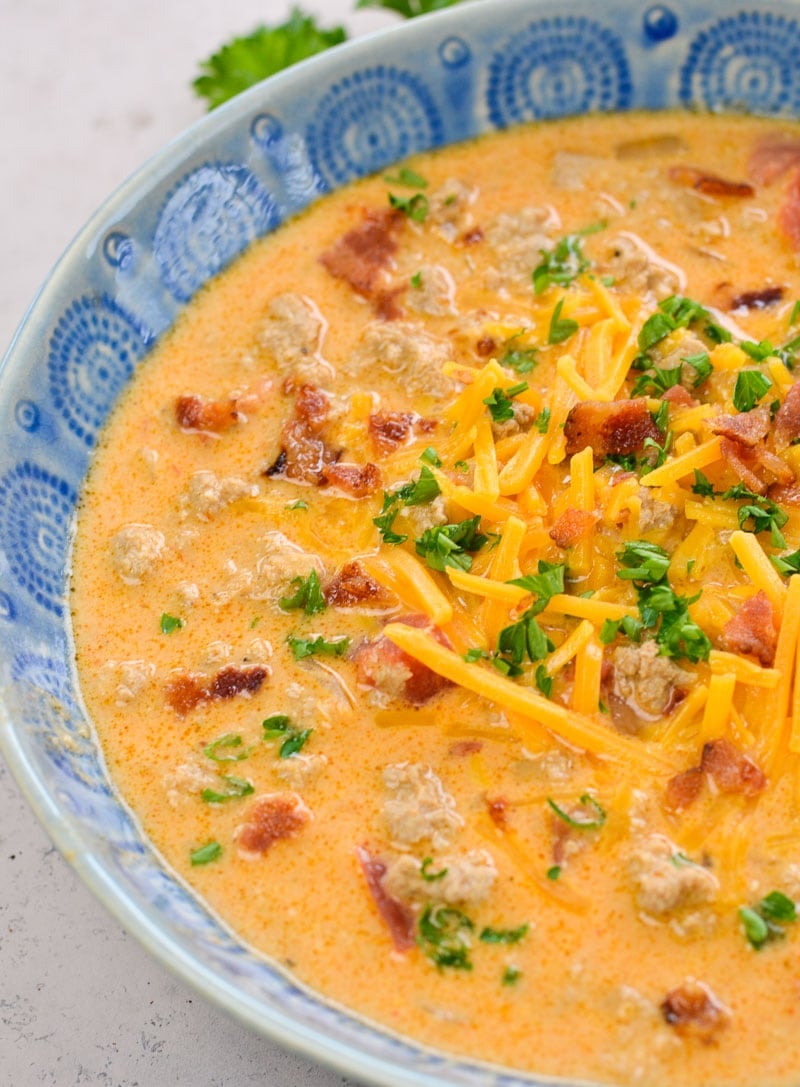 This Keto Cheeseburger Soup is a low-carb, keto-friendly soup recipe that's loaded with bacon, ground beef, cheese, and spices. Just under 6 net carbs per serving!