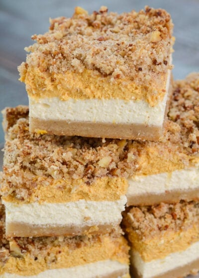 These Keto Pumpkin Cheesecake Bars are a low carb delight! At just 3.3 net carbs per serving this is the perfect Fall dessert recipe!