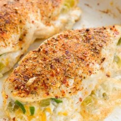 This Keto Green Chili Stuffed Chicken is a quick and easy keto dinner recipe, around 2 net carbs per serving!