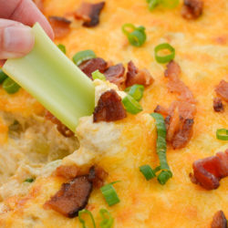 This Cheesy Crab and Bacon Dip is loaded with tender lump crab, crispy bacon, green onions and three kinds of cheese! When paired with crunchy celery sticks this is the perfect low carb game day appetizer! 