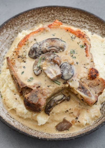 Pork Chops with Mushroom Cream Sauce with Keto Mashed Cauliflower is an incredible low carb, keto-friendly meal! 