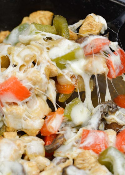 Try this Chicken Philly Cheesesteak Skillet packed with pan seared chicken, mushrooms, bell peppers and onions. This easy one pan recipe has less than 5 net carbs per serving! 