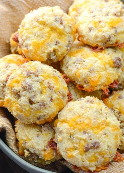 These Keto Sausage Cheddar Biscuits are loaded with flavor and have less than two net carbs each. Pair with scrambled eggs and enjoy the perfect keto breakfast! 