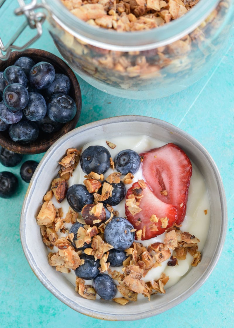 This Grain Free Granola is the perfect sweet, crunchy, keto-friendly snack! Enjoy a serving for just 2.5 net carbs each! 