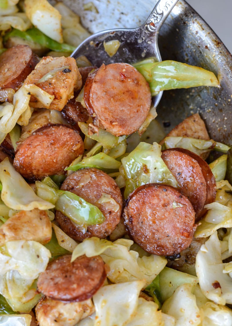  A healthy one pan meal your family will adore, this Cajun Chicken Sausage and Cabbage Skillet will be on your table in less than 3o minutes! Keto friendly and loved by all ages, this meal will disappear almost as quickly as it came together!