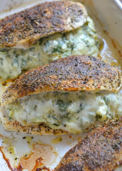 This low-carb Spinach Artichoke Stuffed Chicken is a keto 30-minute dinner dream! It's super juicy and mega flavorful--Even better, it all cooks in one pan and for easy cleanup!