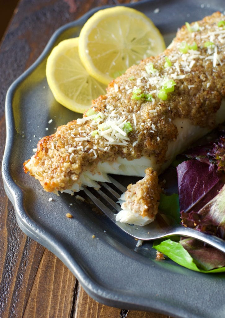 Try this Baked Parmesan Crusted Halibut for a low-carb, keto dinner ready in just 20 minutes! This easy seafood dish is just 3 net carbs per serving!