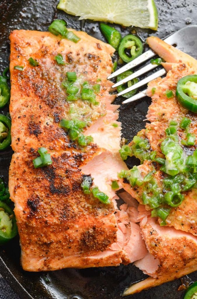 This Salmon with Jalapeno Lime Butter is the perfect quick and easy low carb dinner. At less than one net carb per serving this recipe fits perfectly within a keto diet!