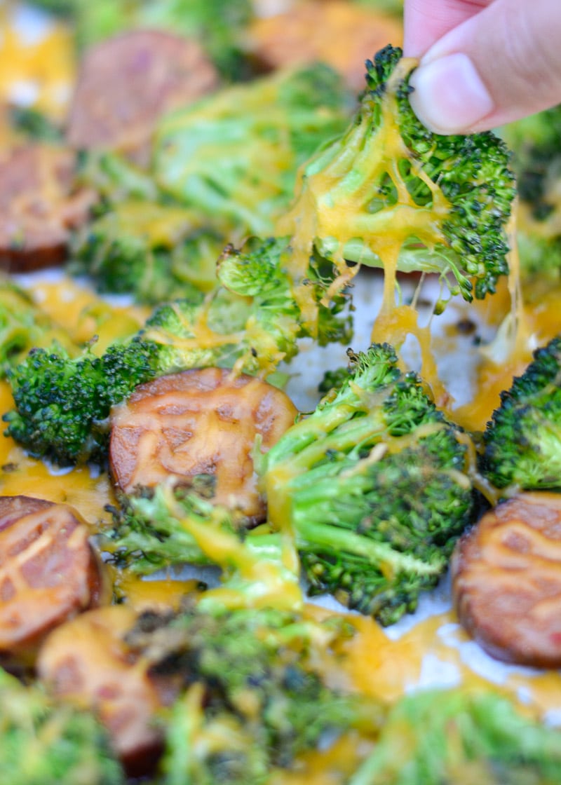 This Sausage Broccoli Cheddar Sheet Pan is the perfect easy weeknight meal! This meal includes four generous servings for less than 7 net carbs each! 