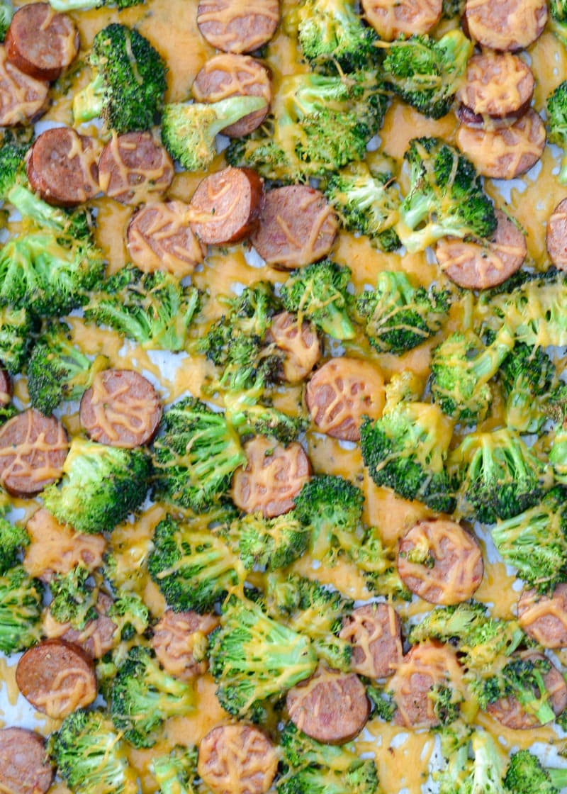 This Sausage Broccoli Cheddar Sheet Pan is the perfect easy weeknight meal! This meal includes four generous servings for less than 7 net carbs each! 