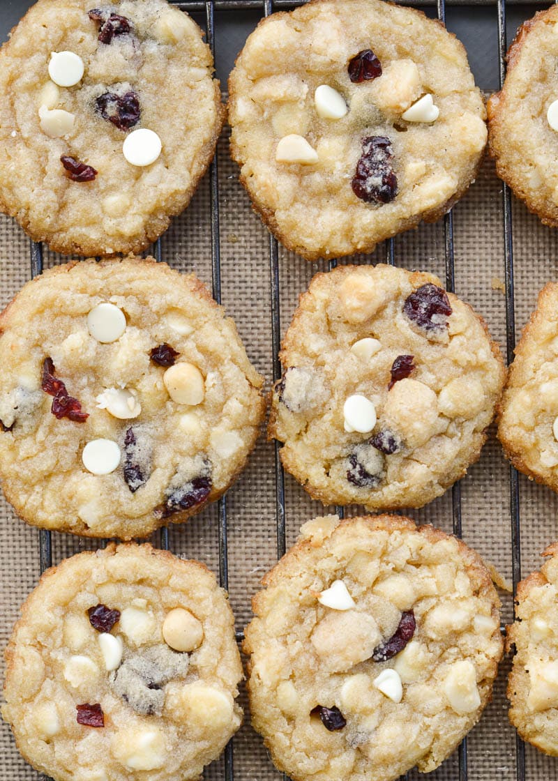These Cranberry White Chocolate Macadamia Nut Cookies are the perfect low carb cookie! Each cookie is packed with sweet white chocolate chips, sweet dried cranberries and salty macadamia nuts, for about 4 net carbs each!