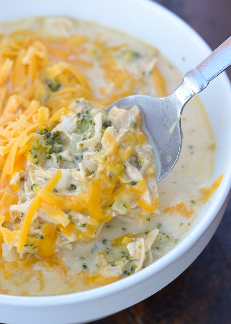 Each generous serving of this Keto Broccoli Cheddar Soup with Chicken has about 4 net carbs! This is the perfect easy, cheesy low carb soup recipe!
