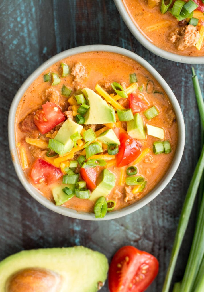 This Cheesy Keto Taco Soup is easy to make ahead of time and comes together quicker with meal prep ground beef!