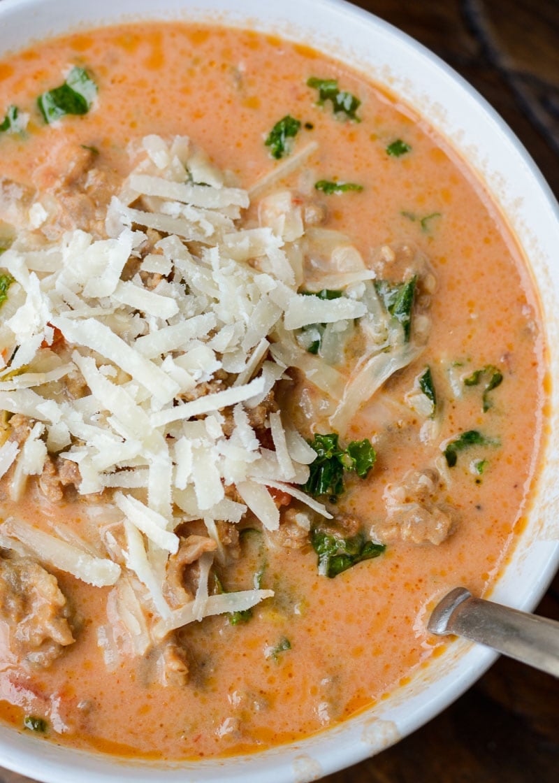 This creamy, comforting Keto Italian Sausage Soup is loaded with meat, vegetables and cheese! Each generous serving has about 8 net carbs, making it the perfect low carb dinner. 
