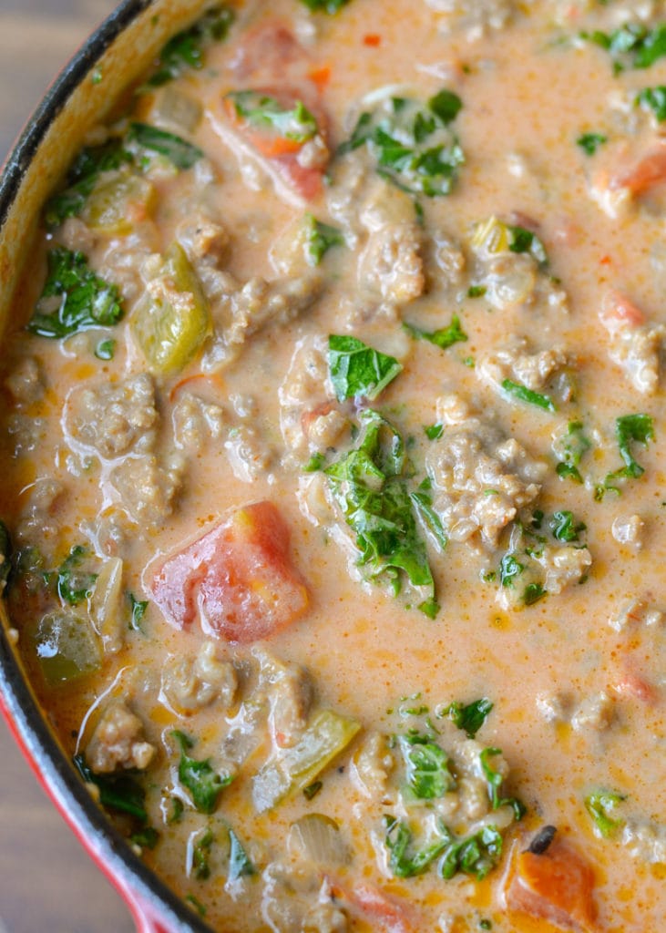 This creamy, comforting Keto Italian Sausage Soup is loaded with meat, vegetables and cheese! Each generous serving has about 8 net carbs, making it the perfect low carb dinner. 