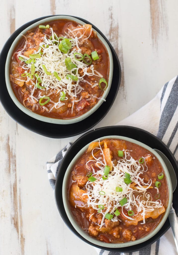 This Slow Cooker Cabbage Roll Soup is the perfect easy keto soup! At just under 6 net carbs and packed with meat and vegetables this is a low carb soup you’ll enjoy all season long!