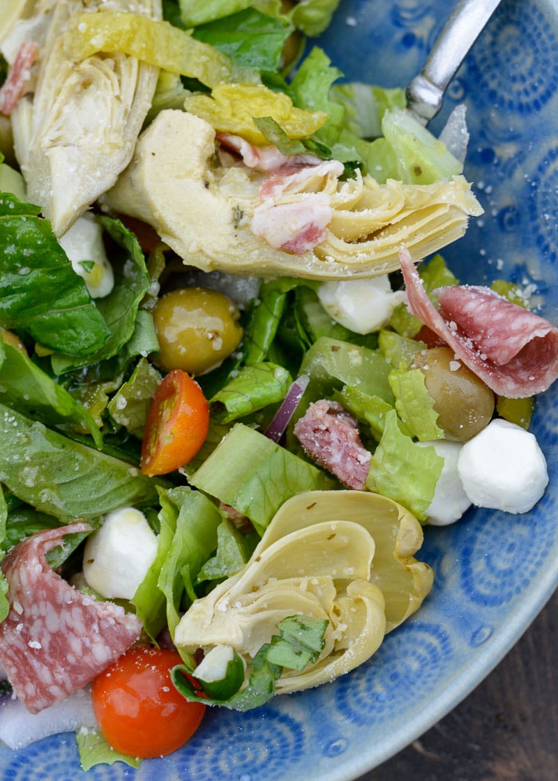 This Italian Chopped Salad is an easy no cook meal. Loaded with meat, cheese and vegetable this filling salad has fewer than 6 net carbs per serving. 