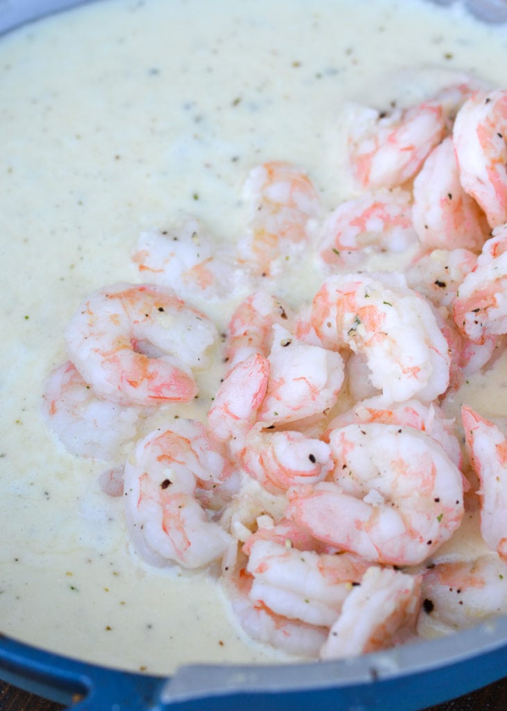 Succulent cooked shrimp is the perfect protein to add for our Keto Shrimp Alfredo--Just 2 net carbs per serving!