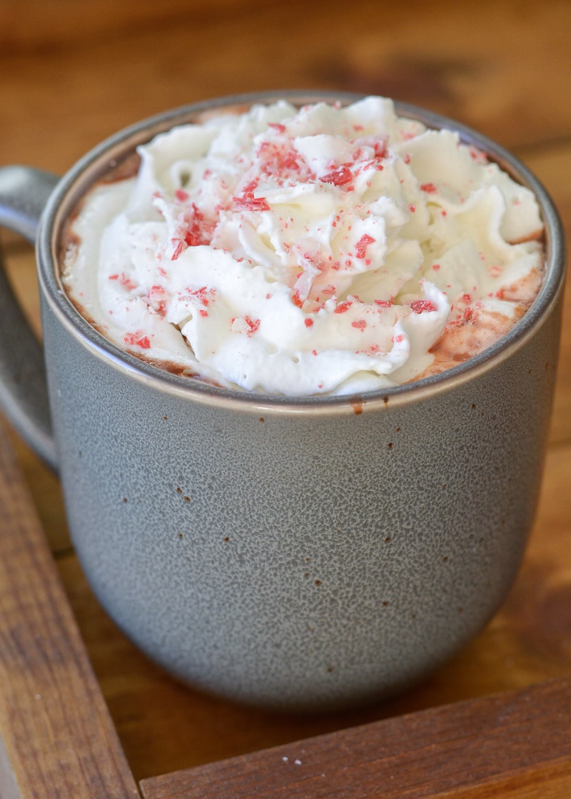 This Slow Cooker Peppermint Mocha Hot Cocoa features ultra rich hot chocolate spiked with peppermint extract and espresso!