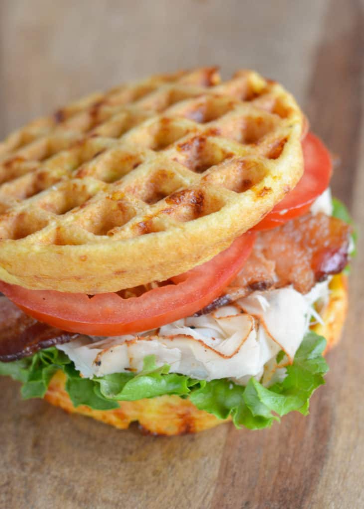 Keto Chaffle Breakfast Sandwich with Bacon and Egg - Green and Keto