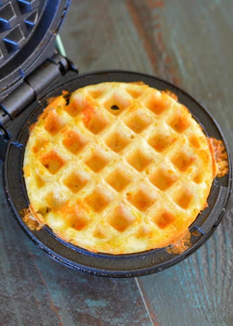 For crispy keto chaffles, cook several minutes until there's no more steam coming from the waffle maker.