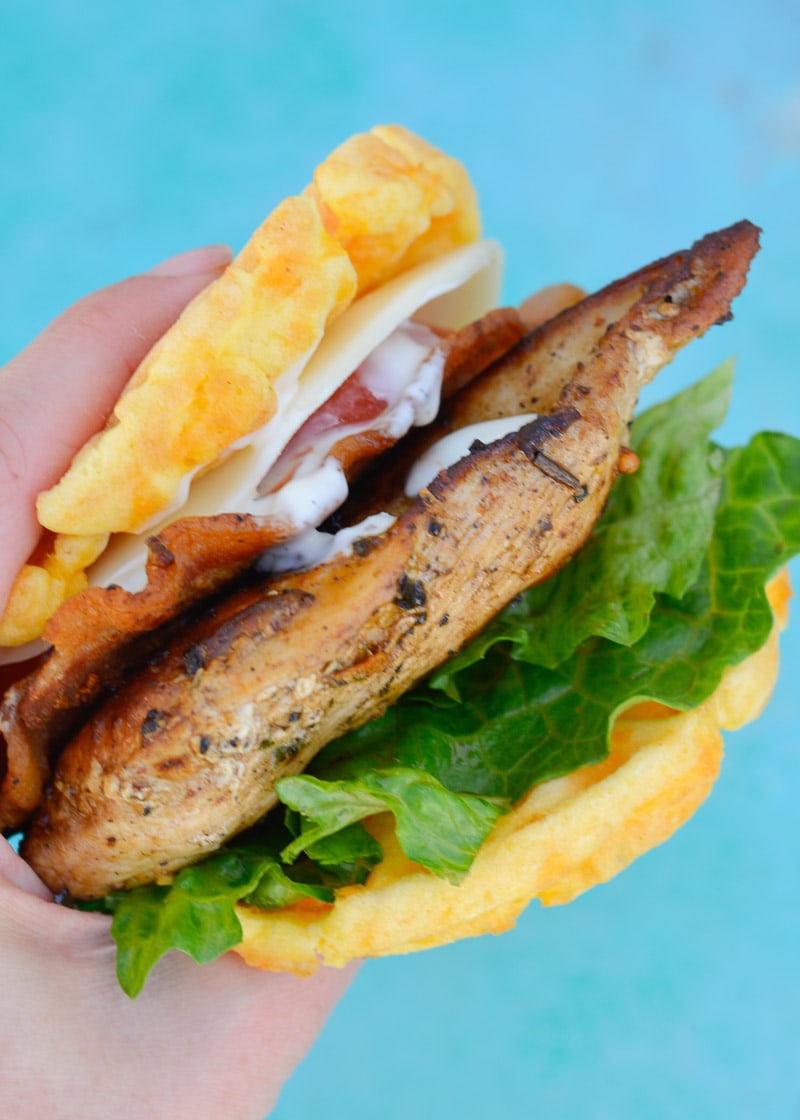 Dig into a Chicken Bacon Ranch Sandwich without the carbs! This Keto Chicken Bacon Chaffle has about 5 net carbs per serving and is great for a low carb lunch or easy dinner!