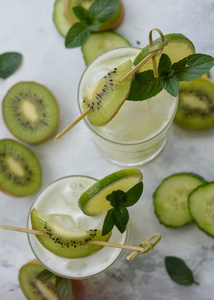 This Kiwi Cucumber Gin Cocktail is the perfect sugar-free, low carb drink! A homemade kiwi sugar-free simple syrup will make this keto cocktail recipe a favorite at your next party!