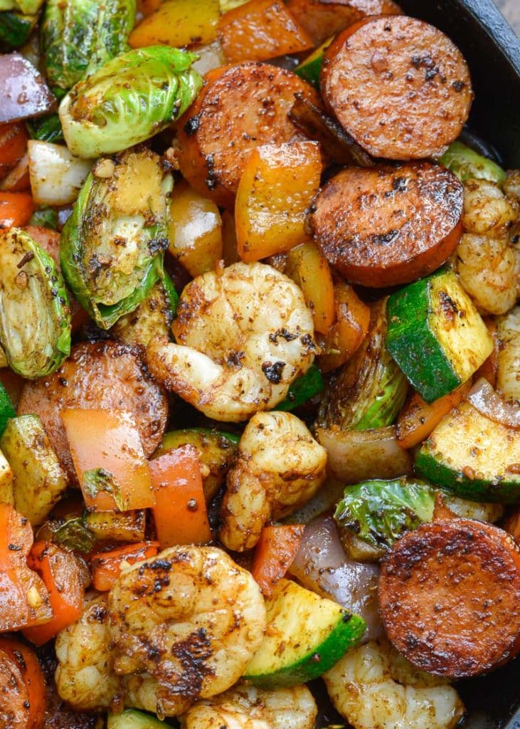 This Cajun Shrimp and Sausage Skillet is the perfect 20 minute dinner! This easy keto recipe is packed with smoked sausage, cajun shrimp and tons of vegetables!