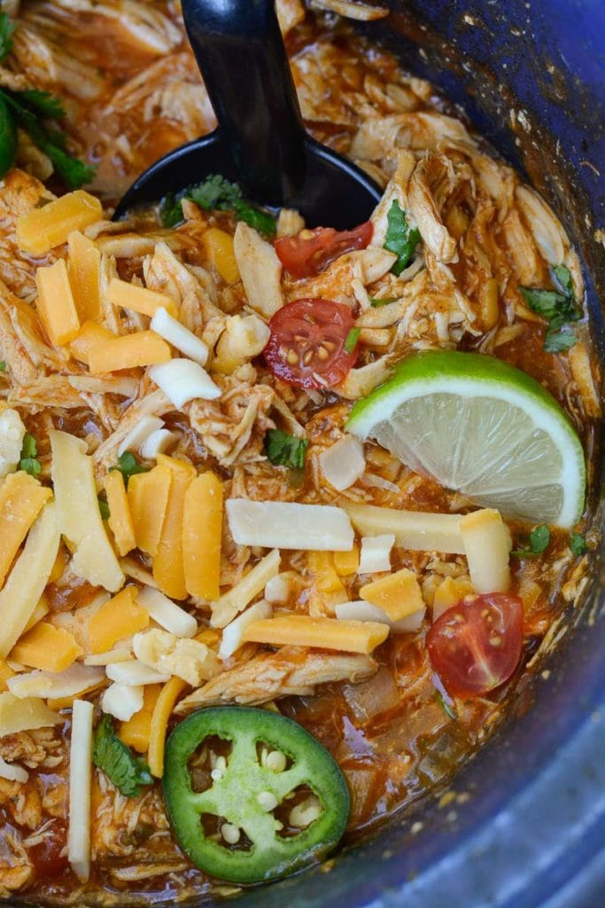 This Crock Pot Salsa Chicken is the best set it and forget it meal! Tender shredded chicken is combined with taco seasoning, enchilada sauce and garlic for a flavor packed easy dinner recipe that is perfect for keto meal prep!