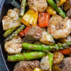 Try this Steak and Shrimp Skillet for an easy, impressive meal! This keto steak recipe is ready in less than 20 minutes and has just 4 net carbs per serving!
