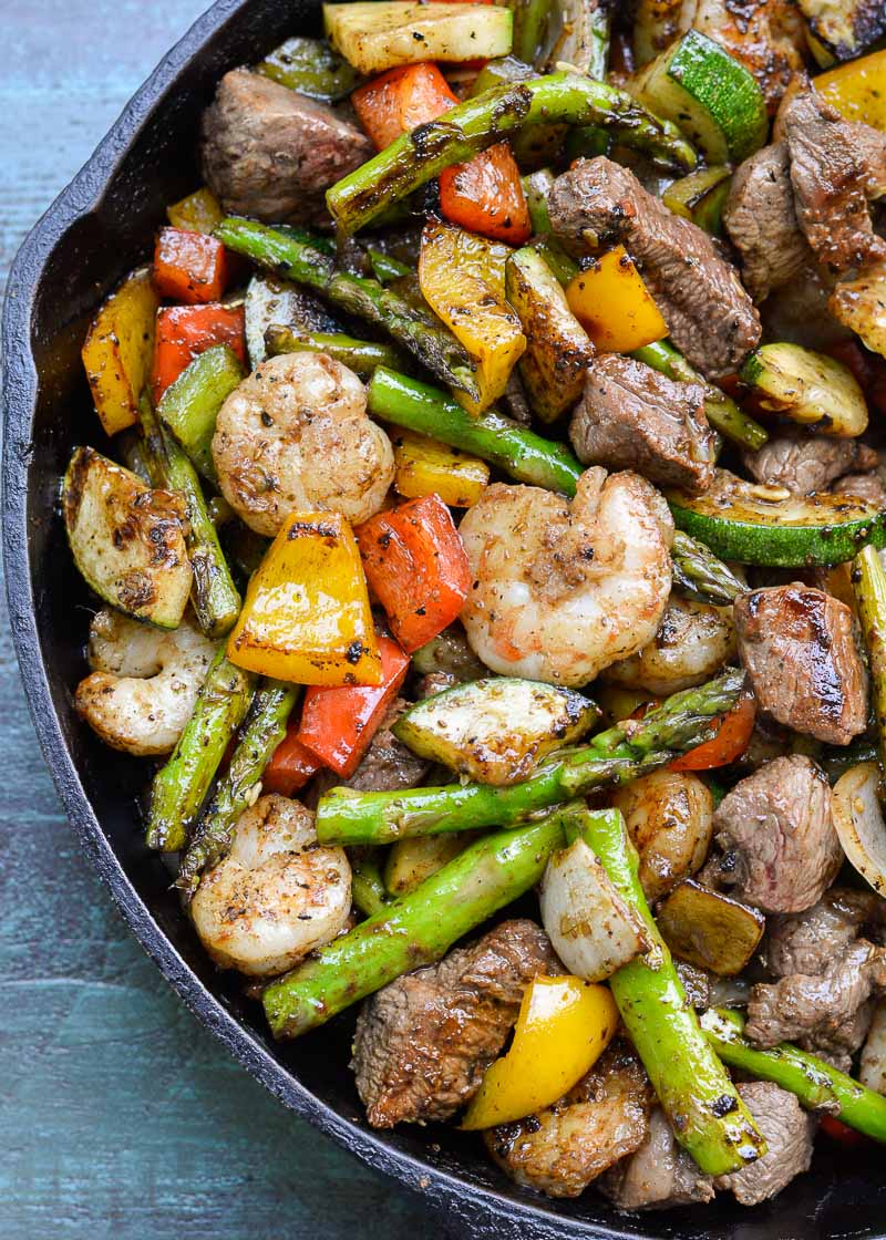 Try this Steak and Shrimp Skillet for an easy, impressive meal! This keto steak recipe is ready in less than 20 minutes and has just 4 net carbs per serving!