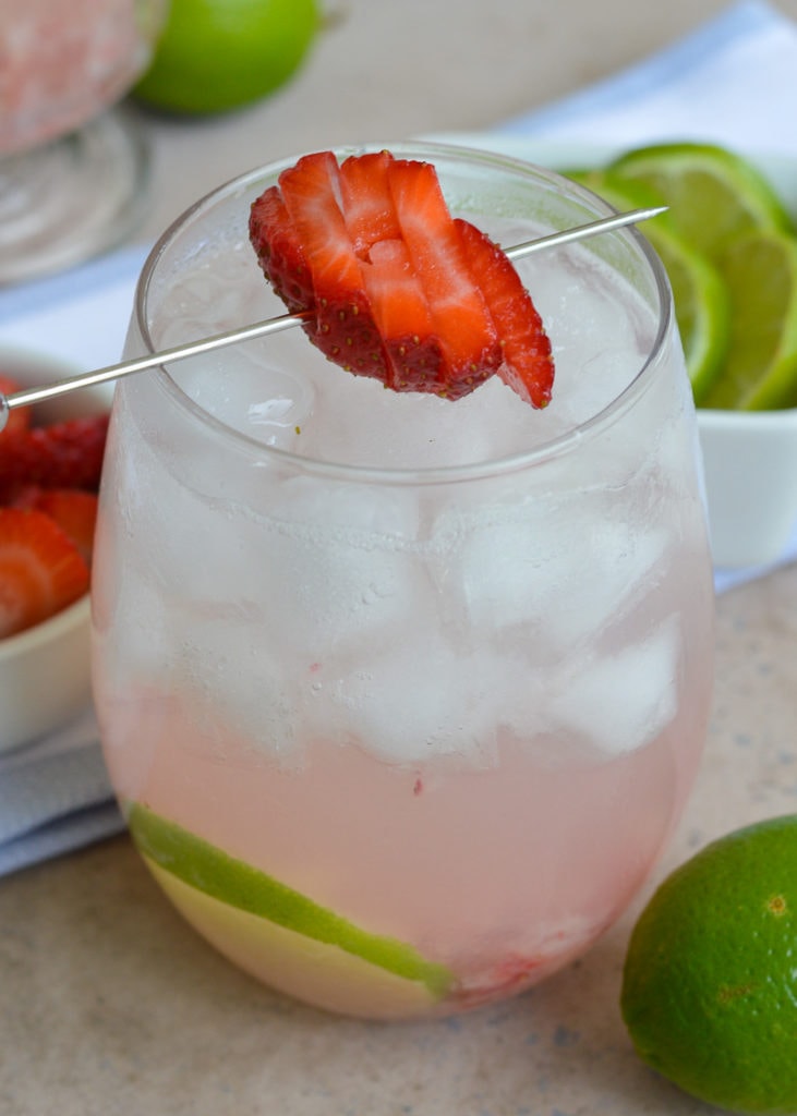 This delicious Sugar Free Strawberry Rose Limeade is easy to make and can be enjoyed with or without alcohol! Perfect for brunch, picnics, and cookouts!